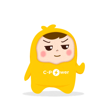 a cartoon character wearing a yellow c-power hoodie