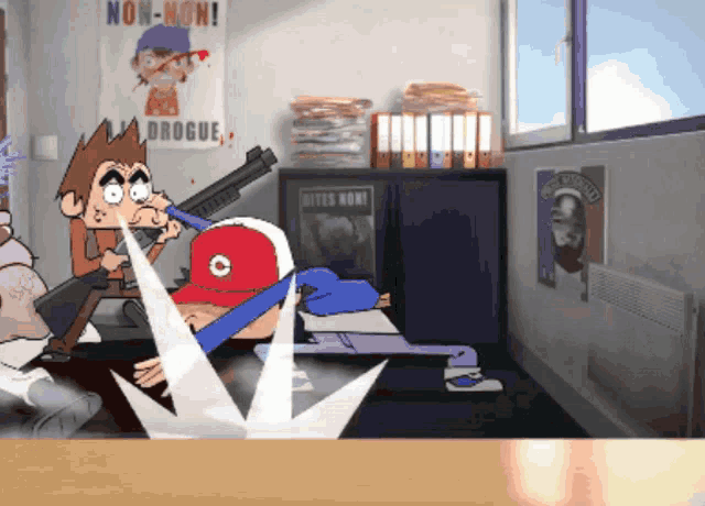 a cartoon of a man with a gun and a poster that says non-non
