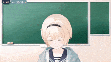 a girl with blonde hair is smiling in front of a blackboard that says live