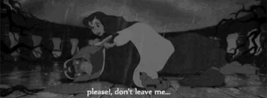 a black and white cartoon of a woman kneeling down next to a monster with the words please don 't leave me
