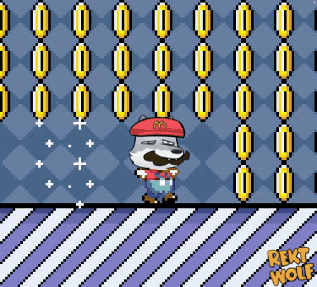 a pixel art of a wolf in a mcdonald 's hat