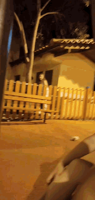 a person standing in front of a wooden fence in a park at night