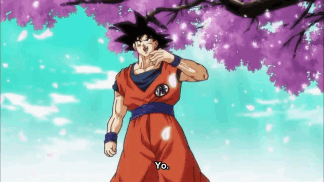 a cartoon character says yo in front of a tree with pink flowers
