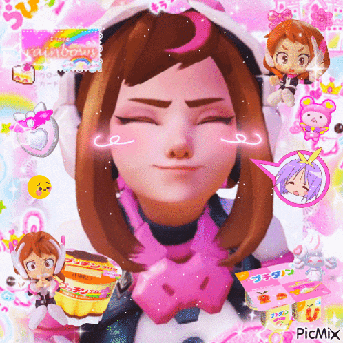 a picture of a girl with her eyes closed and a sticker that says ' i love rainbows ' on it