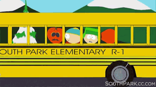 a yellow school bus with the words south park elementary r-1 on the side