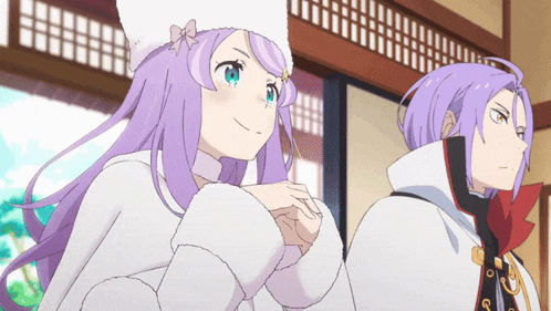 a girl with purple hair and a boy with purple hair are standing next to each other