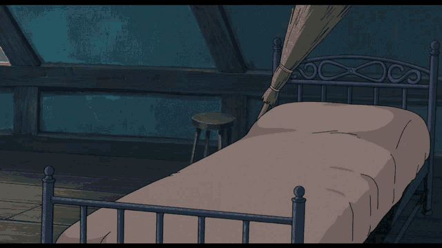 a cartoon girl with a red bow on her head stands next to a bed