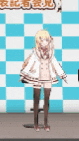 a girl with blonde hair is standing in front of a blue and white checkered wall