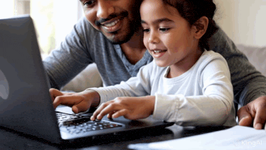 a man and a little girl are looking at a laptop screen