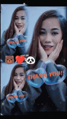 a woman with bubbles that say thank you on them