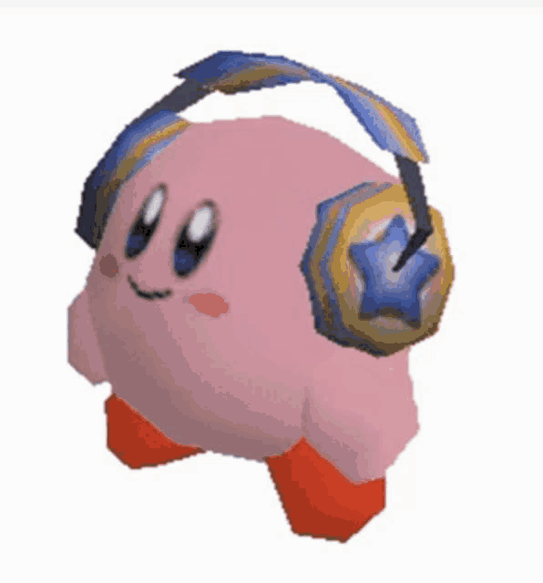 a pink kirby wearing headphones with a blue star on it