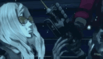 a woman with long white hair and sunglasses is holding a sword in her hands .