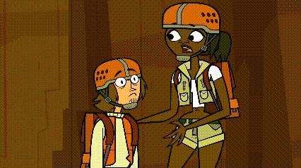 two cartoon characters are standing next to each other wearing helmets