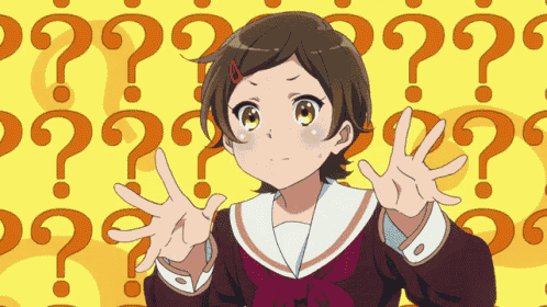 a girl stands in front of a yellow background with question marks