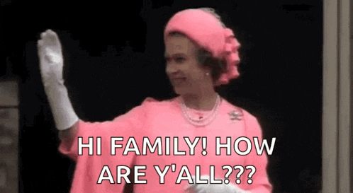 the queen is wearing a pink hat and gloves and waving .