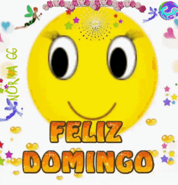 a yellow smiley face with the words feliz domingo written below it