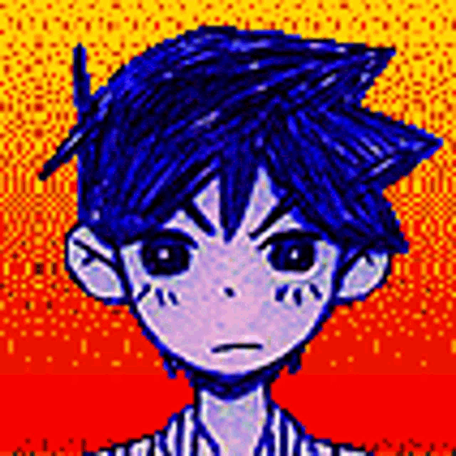 a pixel art drawing of a boy with blue hair and a red and yellow background .