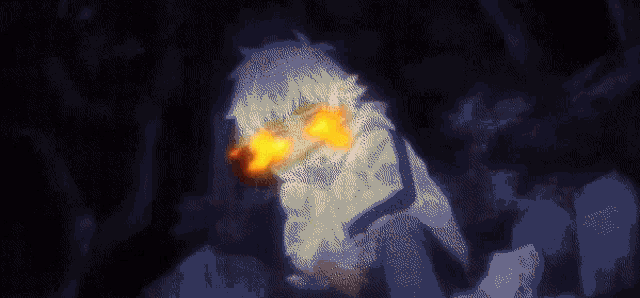 a pixelated image of a person with a beard and glowing eyes