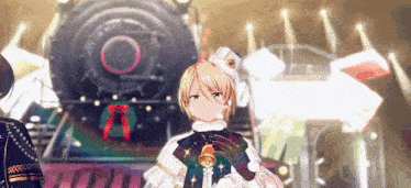 a man is holding a bell in front of a train in a video game .