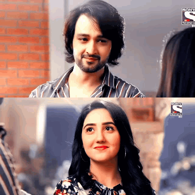 a man and a woman are looking at each other and the man is smiling and the woman is smiling .