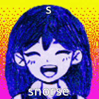 a picture of a girl with blue hair laughing with the words snorse written on it .