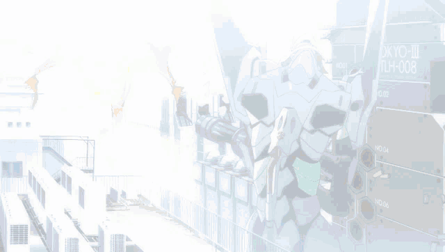 a purple robot with a green head is standing in front of a building that says ' tokyo ' on it
