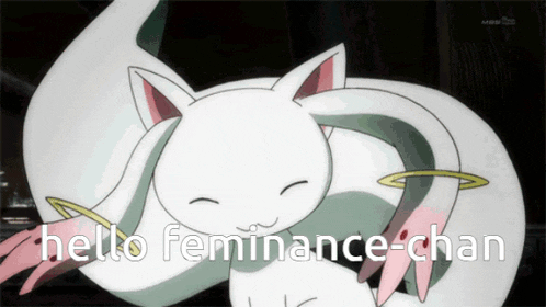 a cartoon cat says hello feminance-chan in a dark room