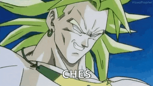 a close up of a cartoon character with green hair and the words `` ches '' .