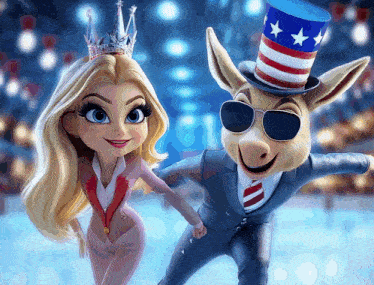 a cartoon drawing of a woman and a donkey wearing sunglasses