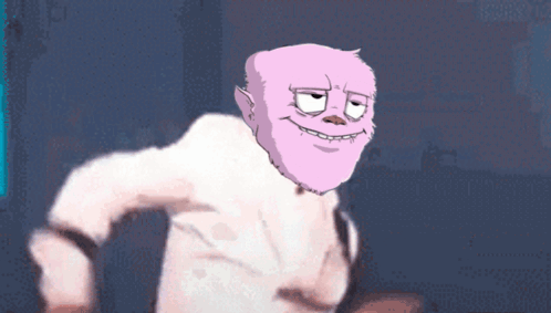 a cartoon character with a pink face and a white shirt is smiling