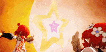 a girl with red hair is standing in front of a star in a video game