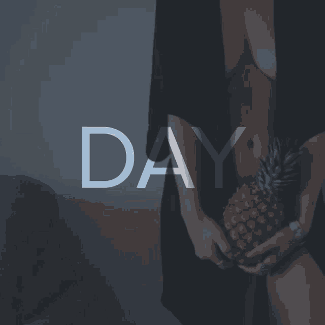 a woman in a bikini holding a pineapple with the words sexy day written below her