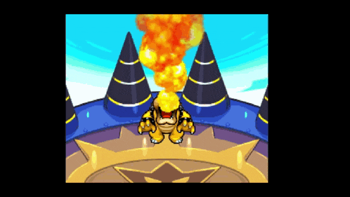 a video game screen shows a cartoon character with fire coming out of his mouth