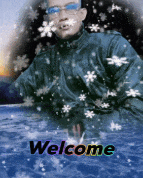 a man in a leather jacket is surrounded by snowflakes and the word welcome