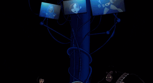 a group of cartoon characters are gathered in front of a large screen with a map of the world