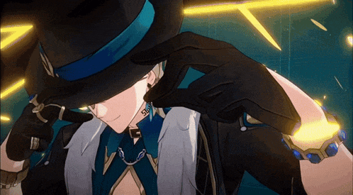 a man wearing a top hat with a blue band has the letter g on his collar