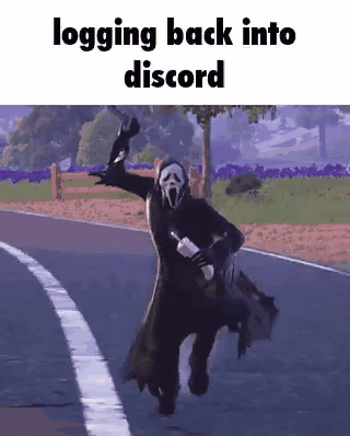 a scream character is running down a road in a video game and logging back into discord .