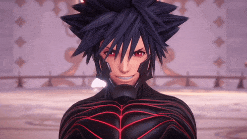 a close up of a video game character with red eyes