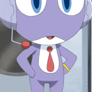 a purple cartoon character wearing a red tie and headphones
