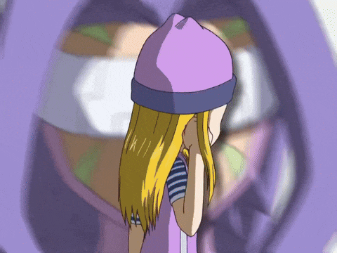 a cartoon of a girl wearing a purple hat and striped shirt