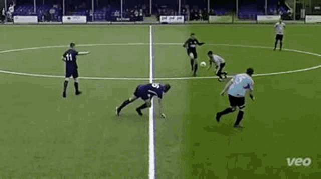 a group of soccer players are playing a game on a soccer field .