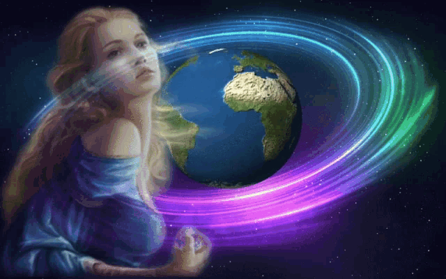 a woman stands in front of a spinning earth