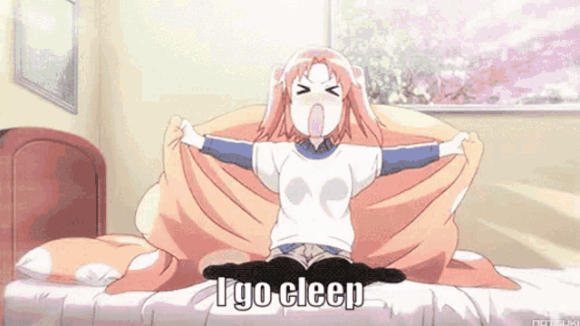 a girl is sitting on a bed with her arms outstretched and the words " i go sleep " below her