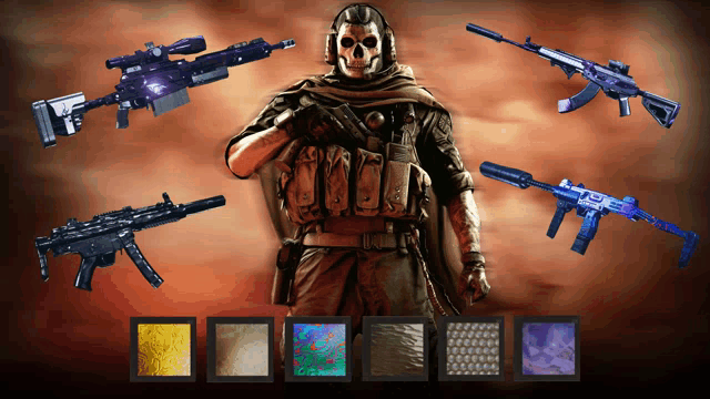 a soldier with a skull on his head is surrounded by a variety of guns