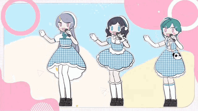 a group of girls are singing into microphones while wearing blue and white plaid dresses