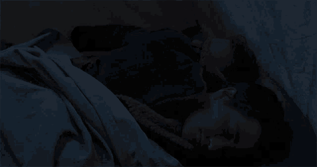 two men are sleeping in a bed with a blanket