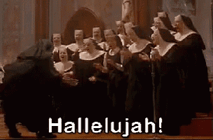 a group of nuns singing in a church with the words hallelujah in the corner .