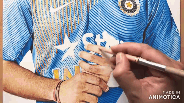 a painting of a man wearing a blue nike jersey