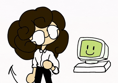 a cartoon of a woman standing next to a computer monitor with a smiley face on it