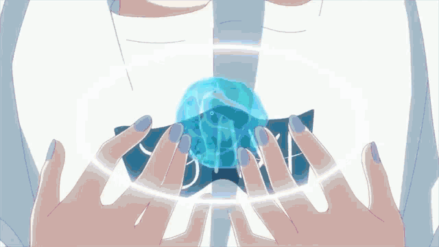 a girl in a white dress is holding a blue object in her hands